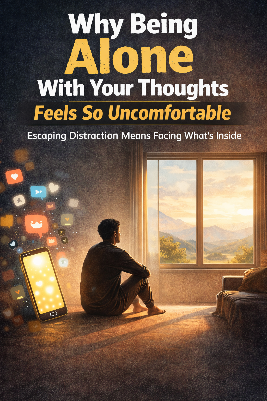 Being alone with your thoughts - Poster 1 - mindliftnow.com - AI generated image using chatgpt