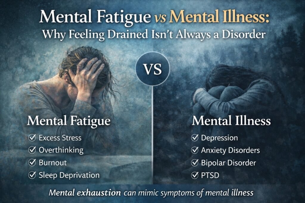 Mental Fatigue vs Mental Illness - mindliftnow.com - AI generated image using chatgpt